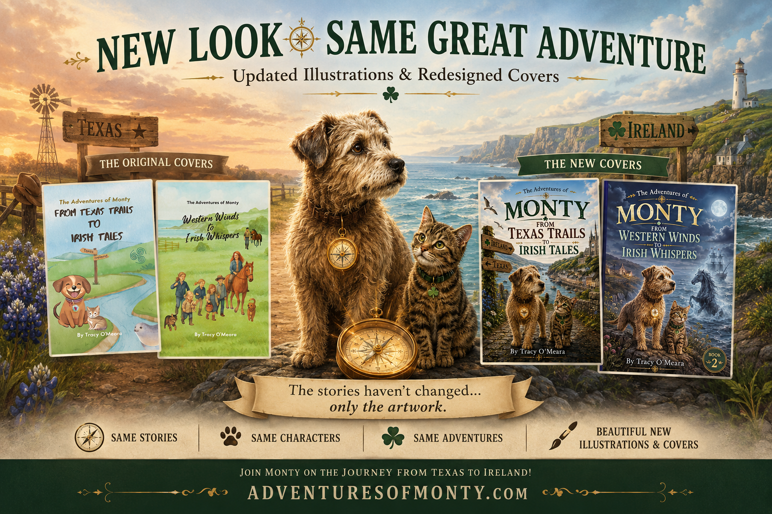 Comparison showing the original watercolour covers of Books 1 and 2 alongside the redesigned covers with new illustrations of Monty and Whiskers between Texas and Ireland.