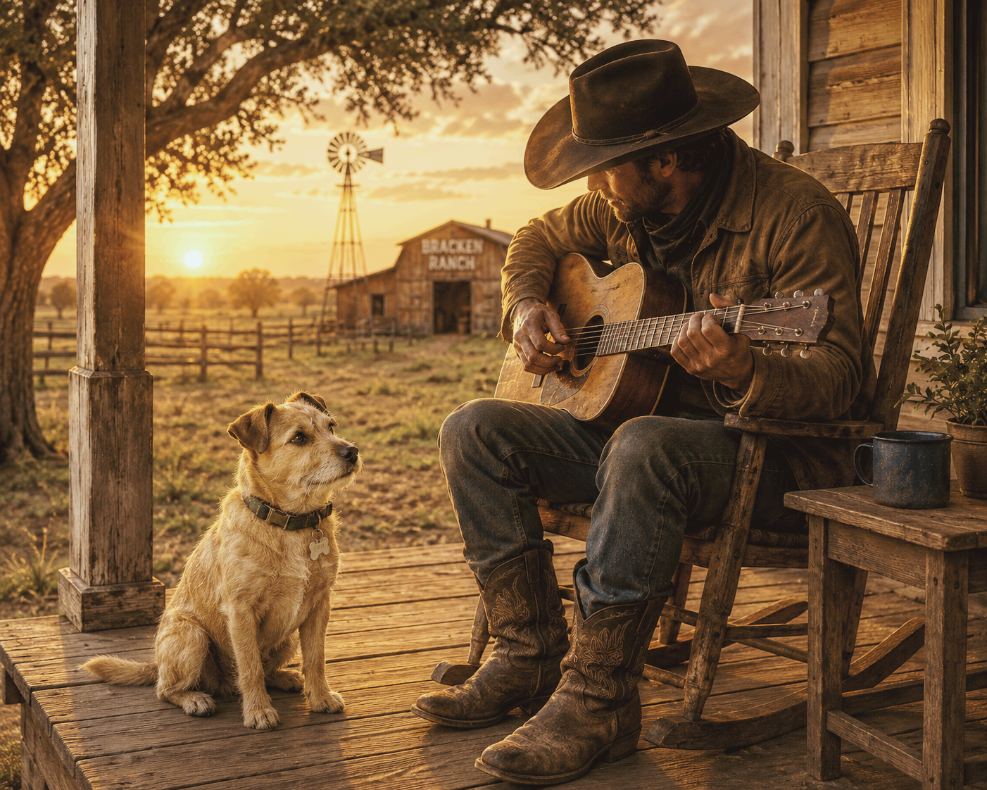 Cowboy Joe sitting on the porch of Bracken Ranch at sunset, playing guitar with Monty beside him